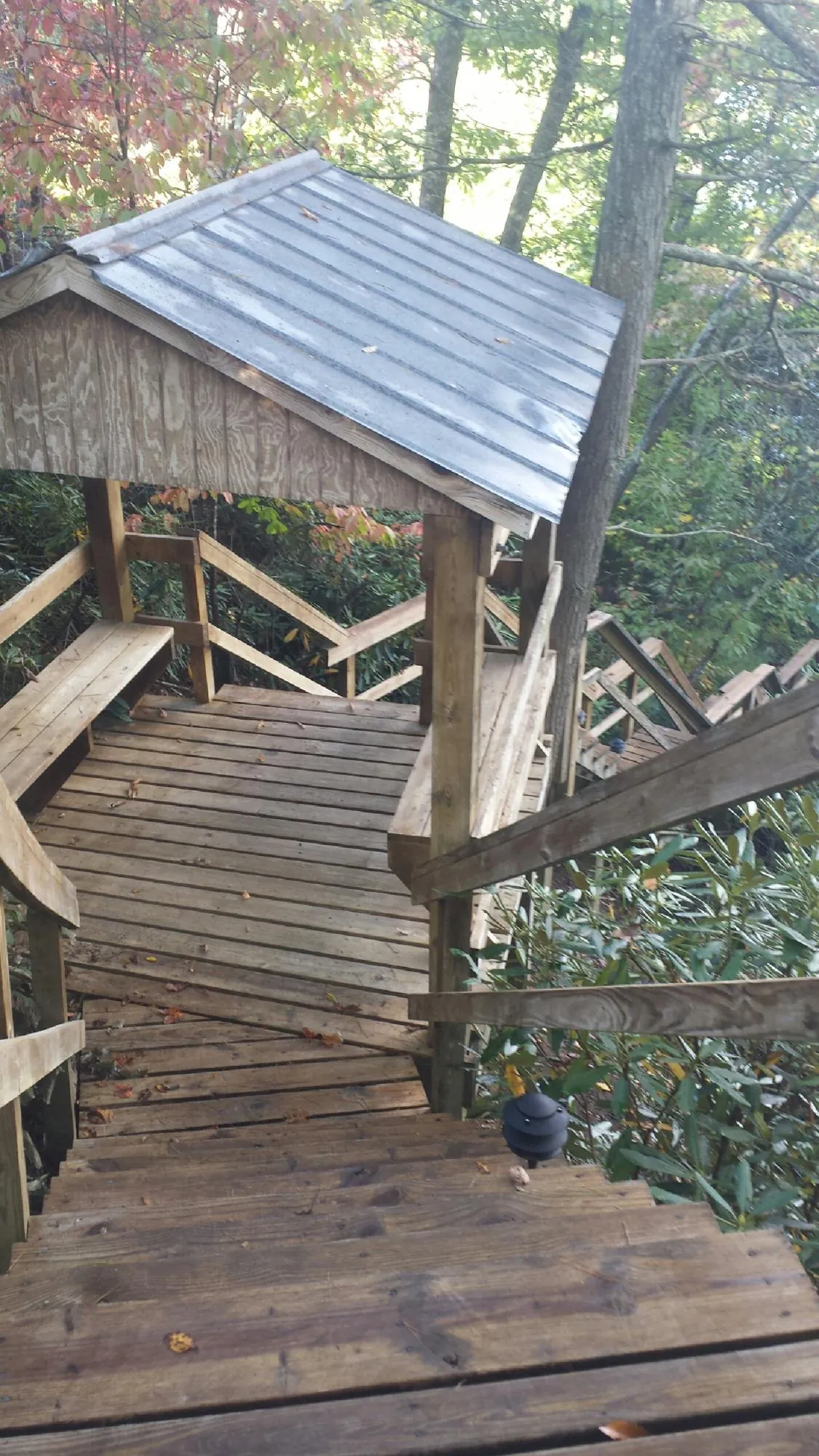 Metal roofed shelter over wooden steps on a wooded walkway — Skylight Repair & Installation work by our crew in Hospers